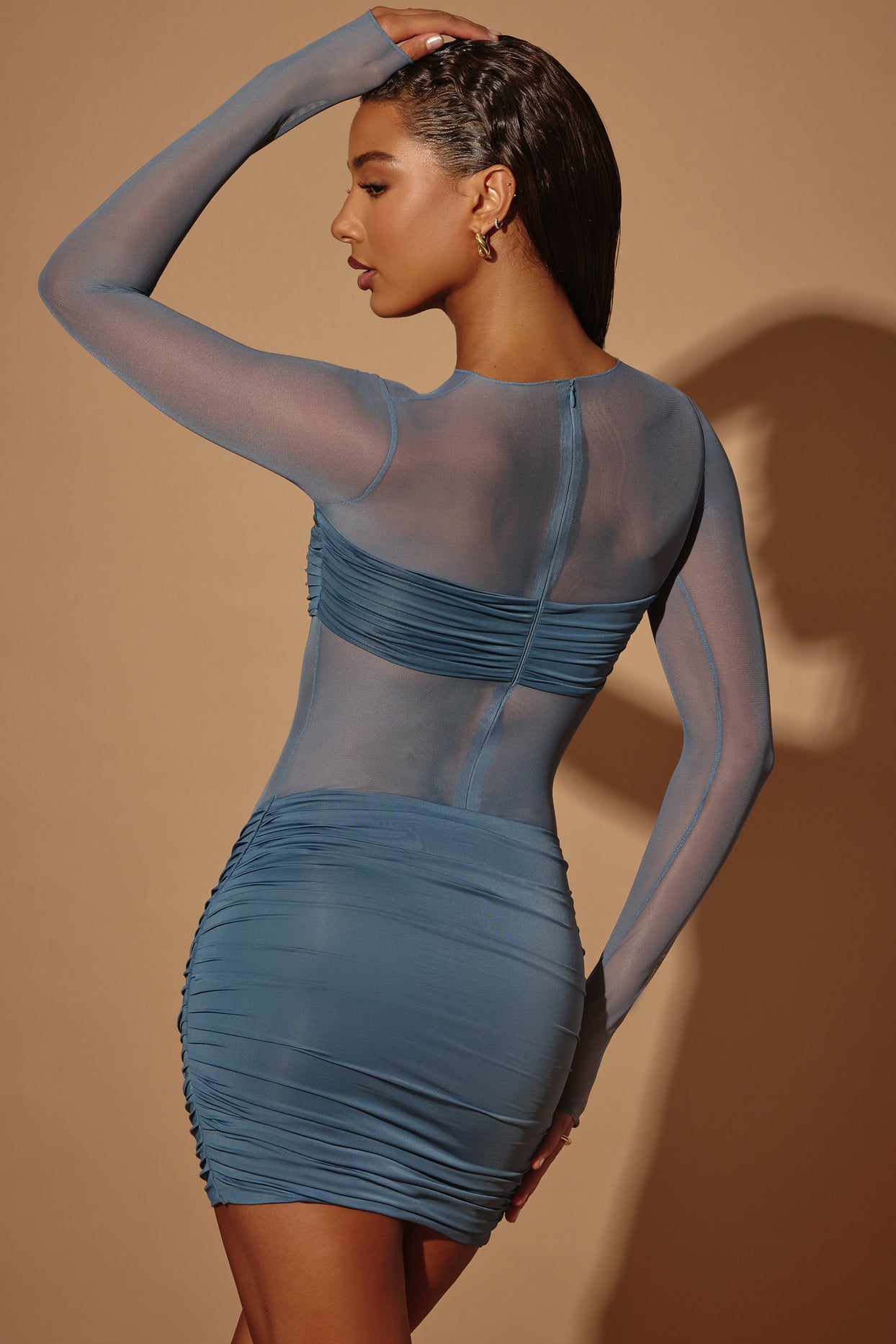 Sheer Panelled Long Sleeve Mini Dress in Steel Blue