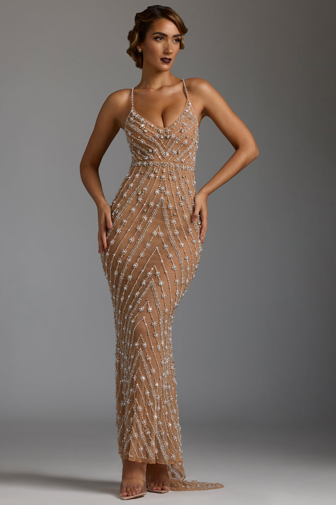Hand Embellished Sheer Evening Gown in Almond