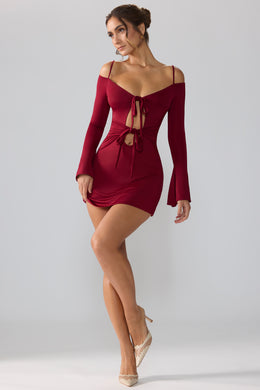 Slinky Jersey Long Sleeve Cut Out Mini Dress in Ruby