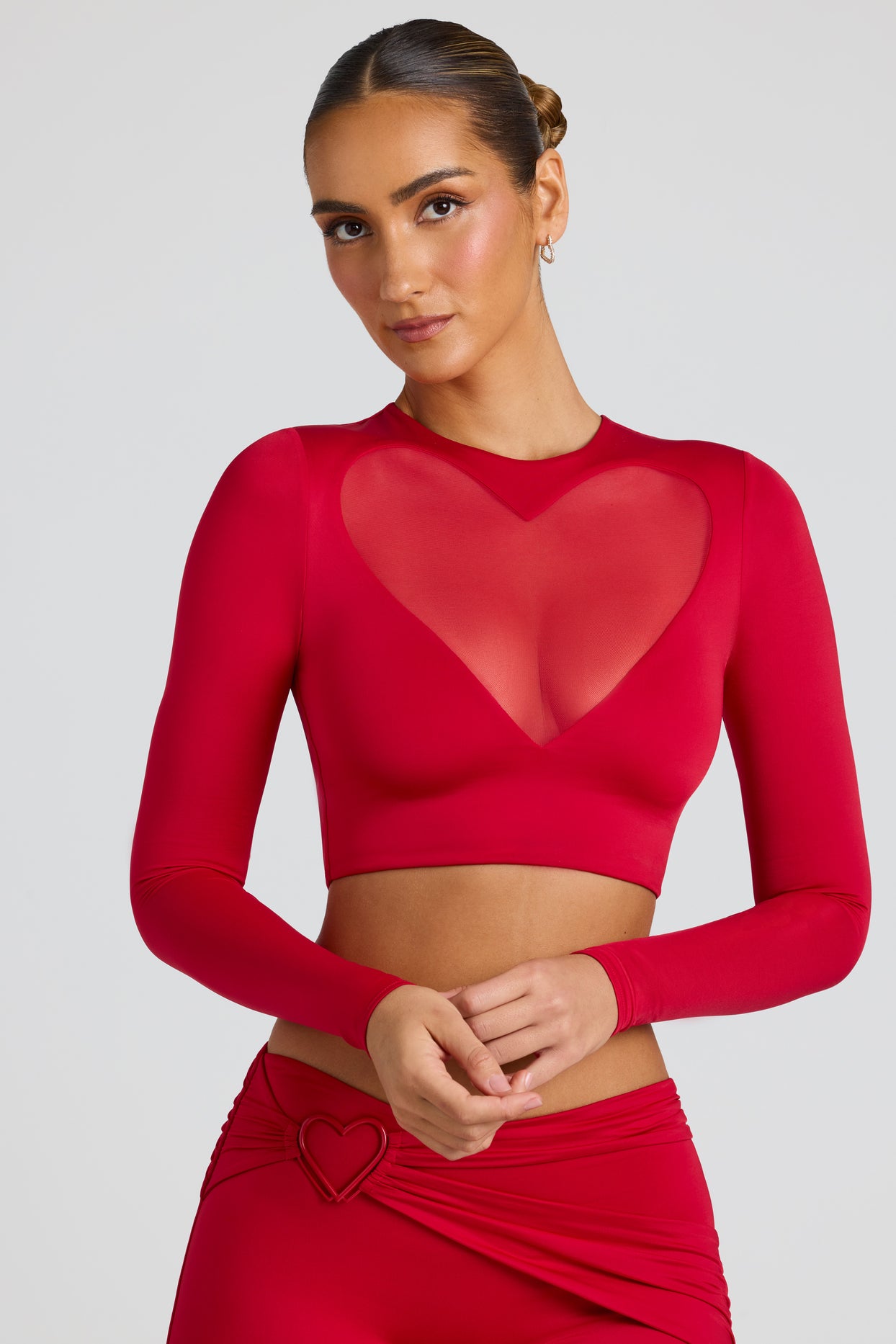 Sheer Panelled Long Sleeve Crop Top in Fire Red