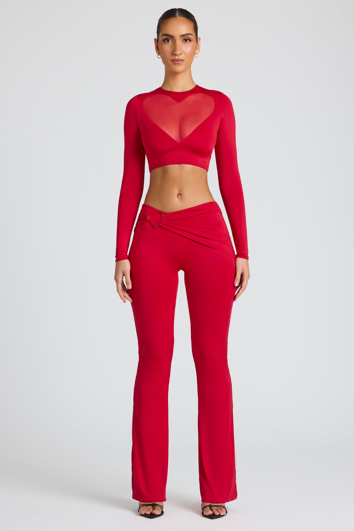 Pantalon droit taille haute avec détail drapé, rouge feu