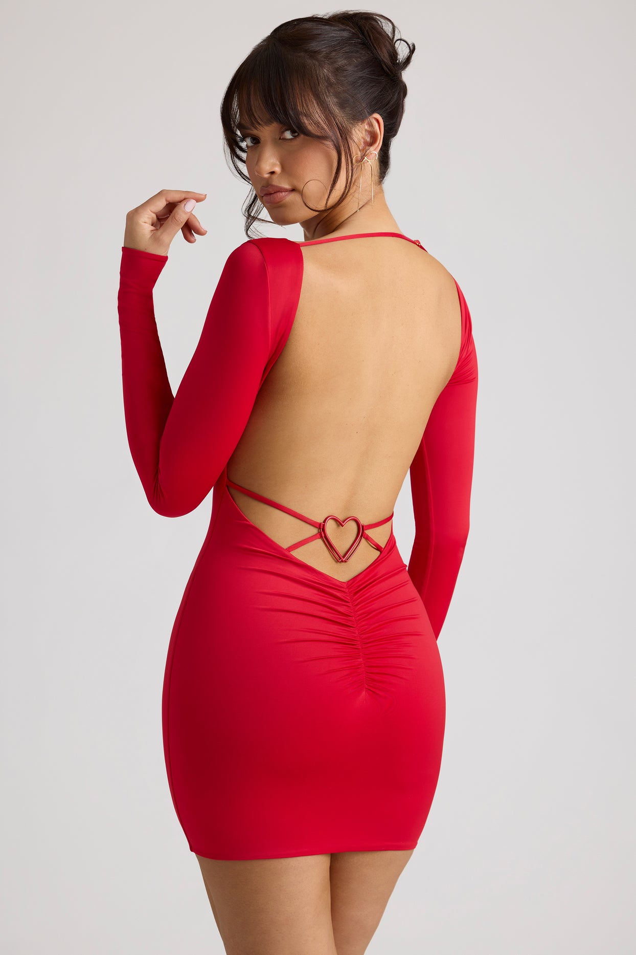 Demelza Long Sleeve Sweetheart Neckline Mini Dress in Fire Red