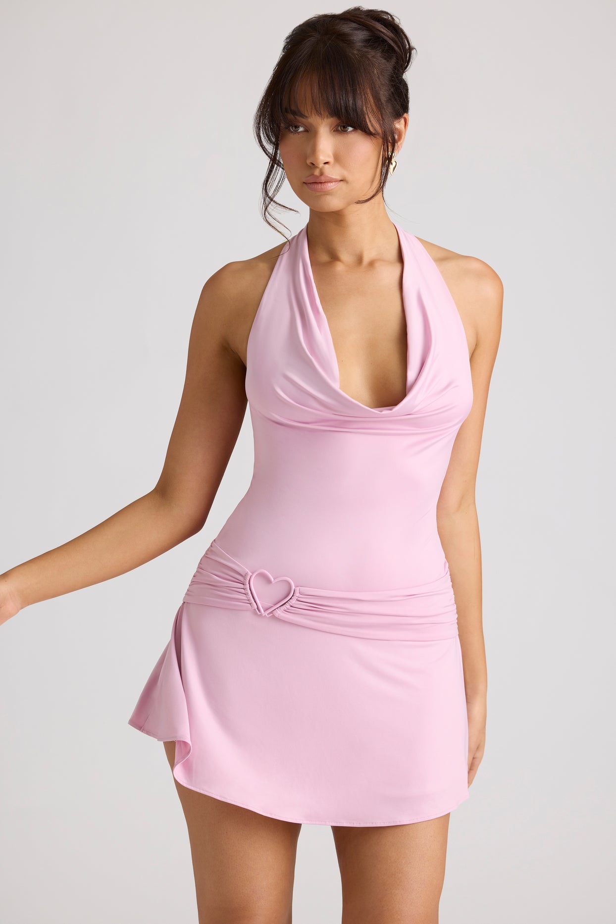Heart Detail Cowl Neck Mini Dress in Soft Pink