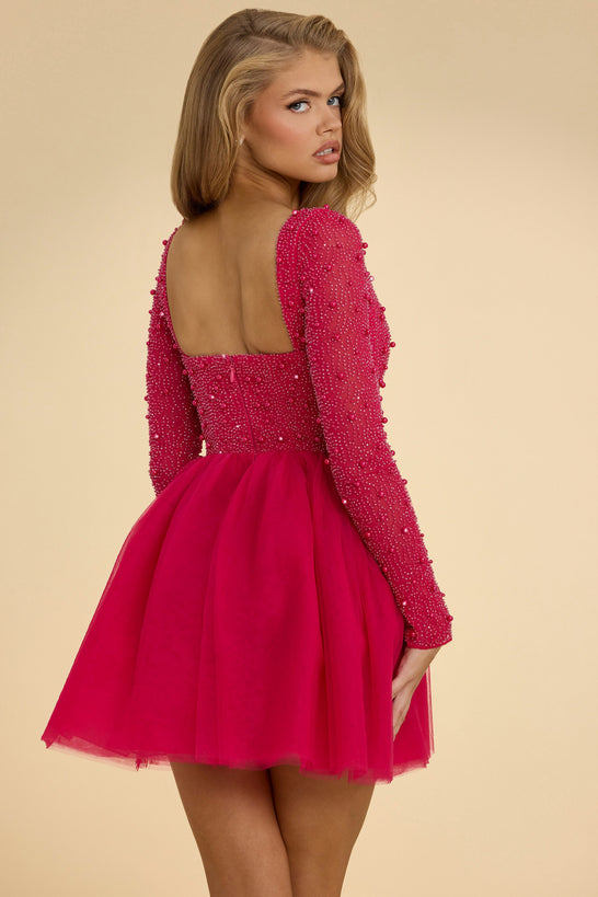 Plunge Neck Tulle Mini Dress in Hot Pink