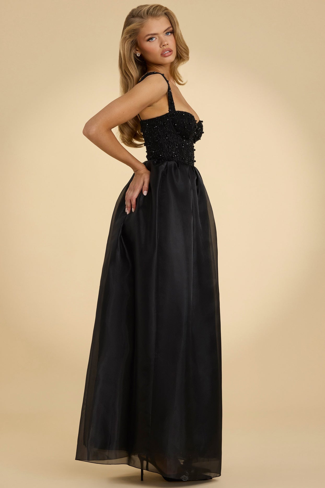 Corset Organza Maxi Dress in Black