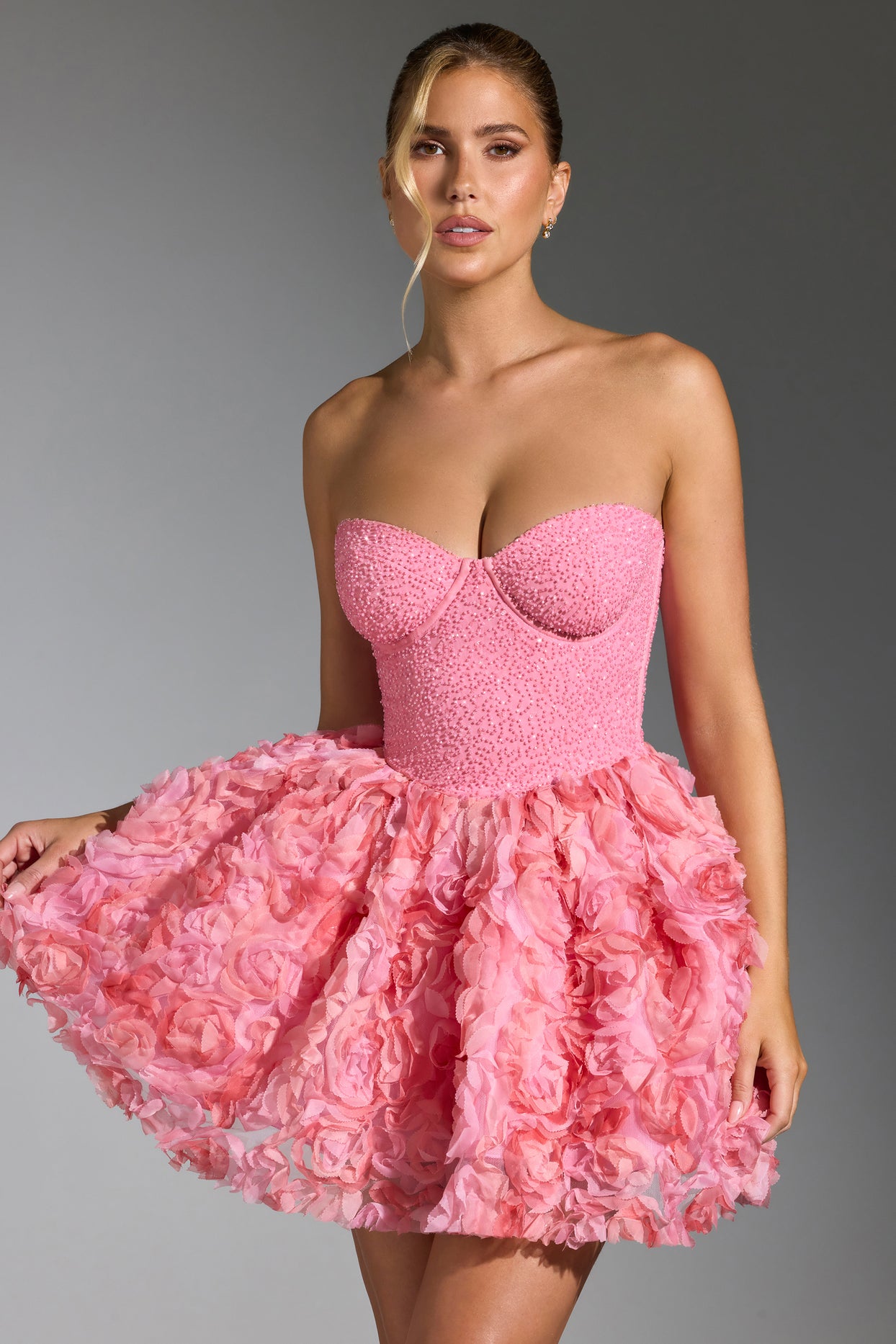Embellished Floral-Appliqué Lace-Up Mini Dress in Pink