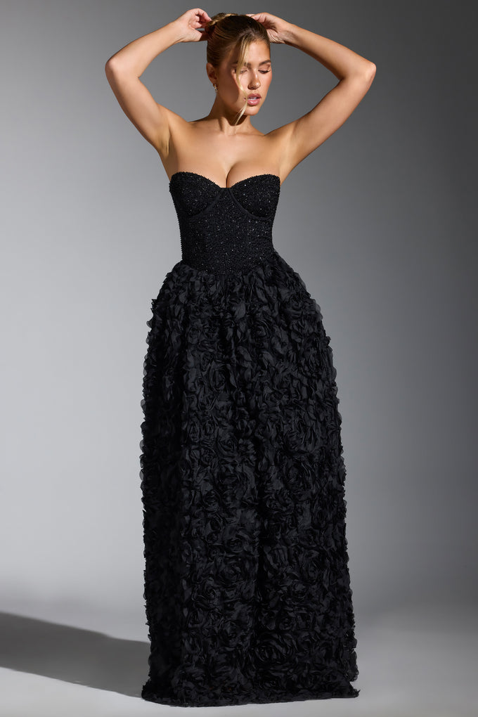 Robe corset ornée d'appliqués floraux en noir