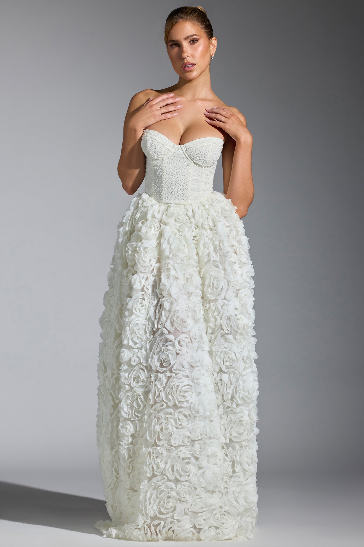 Camellia Embellished Floral-Appliqué Corset Gown in White | Oh Polly