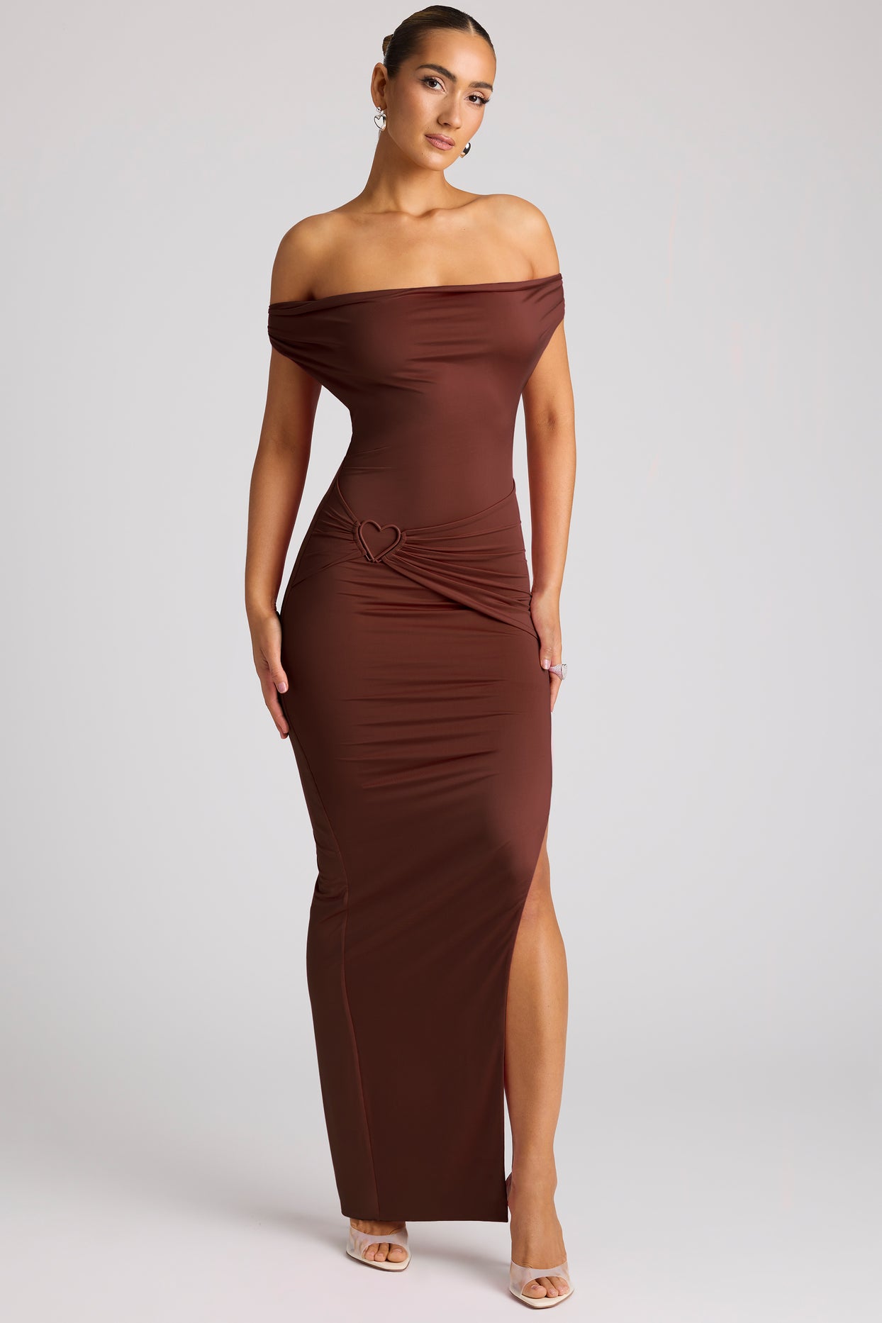 Multiwear Cowl Neck Wrap Over Evening Gown in Chocolate Brown