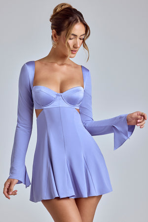 Long Sleeve Godet Mini Dress in Blue Lavender