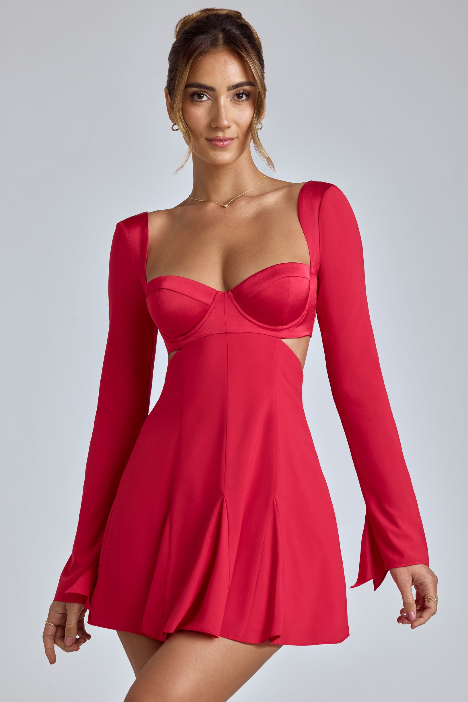 Long Sleeve Godet Mini Dress in Cherry Red - 1