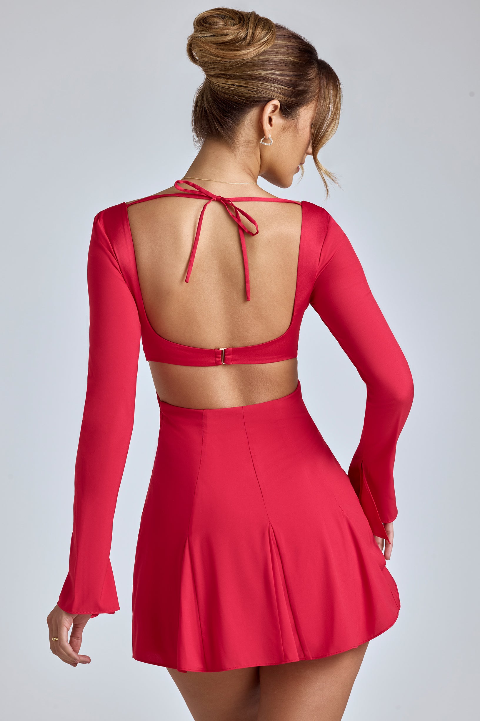 Long Sleeve Godet Mini Dress in Cherry Red - 2