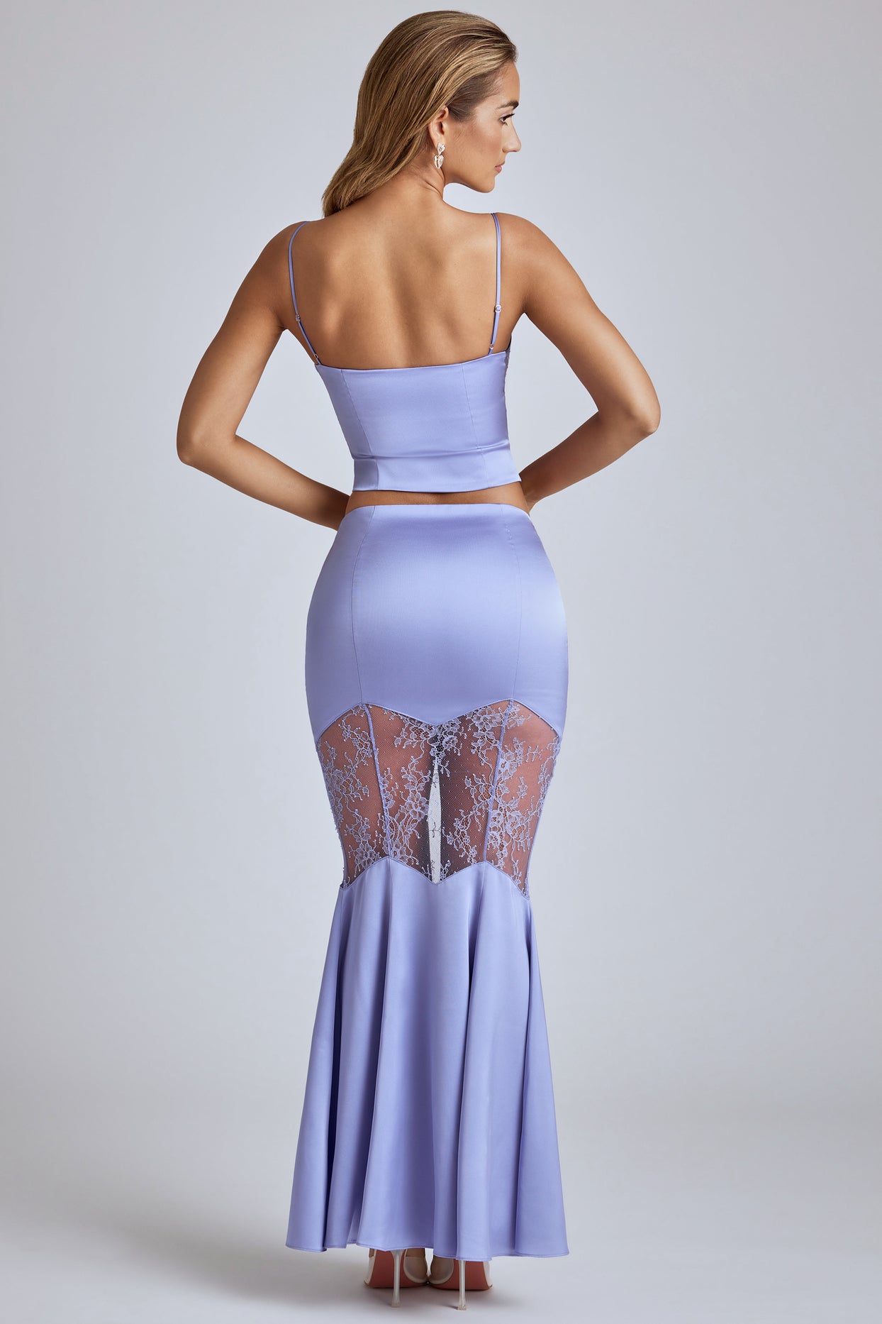 Lace Panel Fishtail Maxi Skirt in Blue Lavender - 2