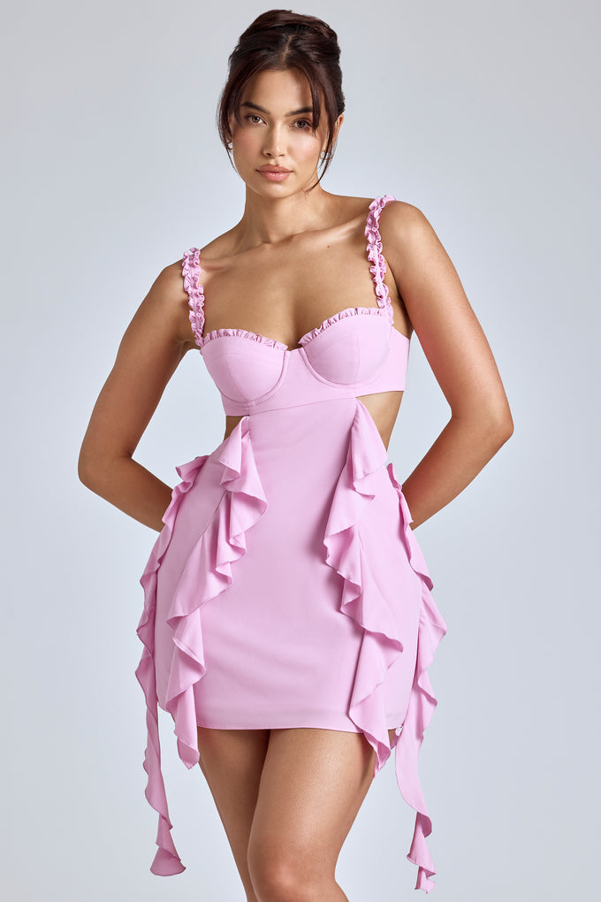 Sukienka mini z falbankami w kolorze delikatnego różu