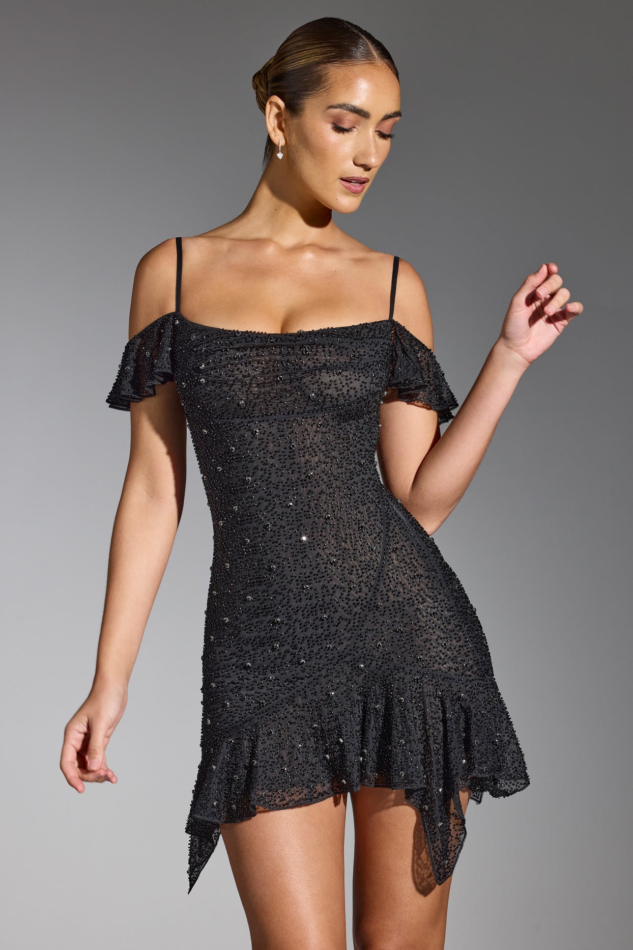 Embellished Cold Shoulder Mini Dress in Black