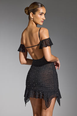 Mini-robe ornée à épaules dénudées en noir