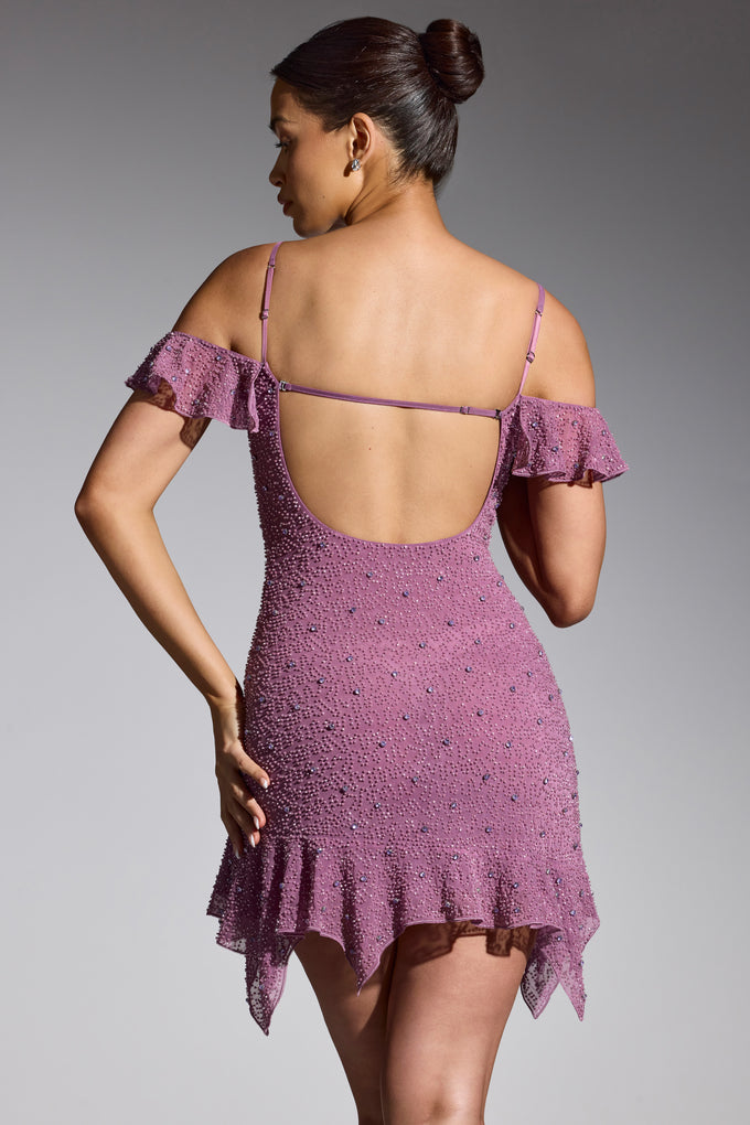 Ozdobiona sukienka mini z odkrytymi ramionami w kolorze winogronowym