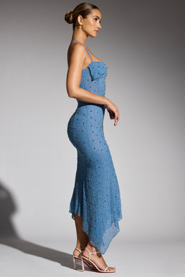 Zdobiona asymetryczna sukienka maxi w kolorze smokey blue
