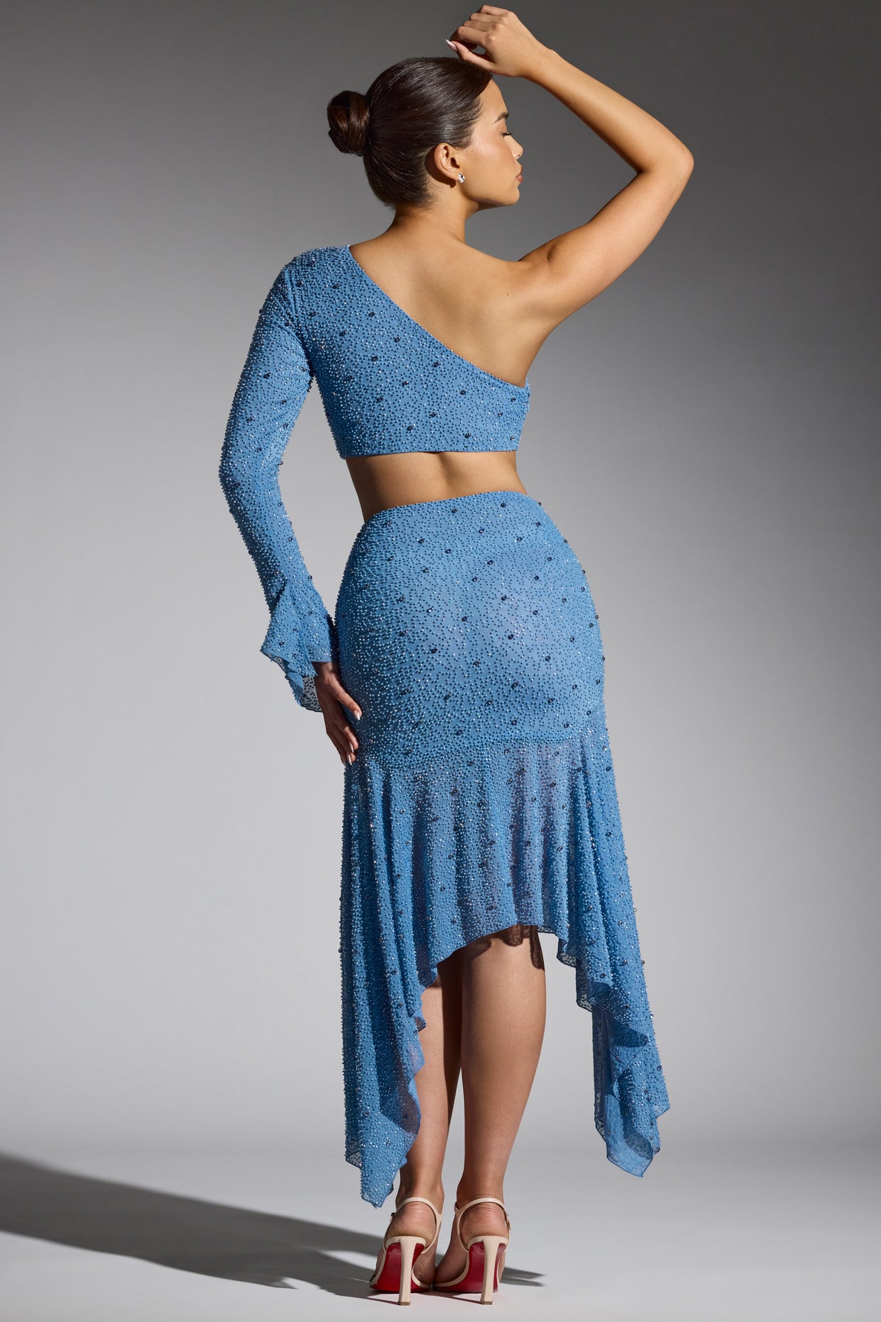 Embellished Handkerchief Hem Skirt in Smokey Blue