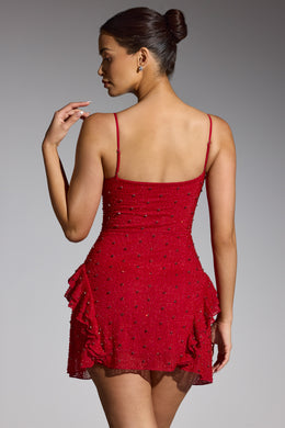 Embellished Frill Mini Dress in Red