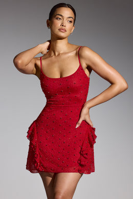 Sukienka mini z ozdobną falbanką w kolorze czerwonym
