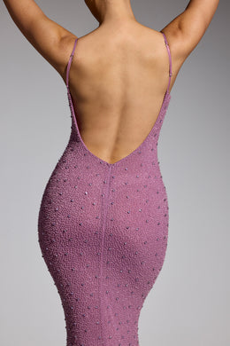 Zdobiona asymetryczna sukienka maxi w kolorze winogronowym