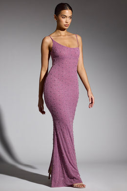 Zdobiona asymetryczna sukienka maxi w kolorze winogronowym