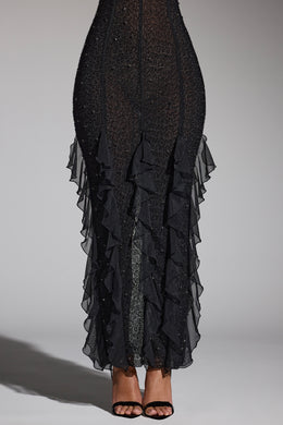 Embellished Halter Neck Ruffle Maxi Dress in Black