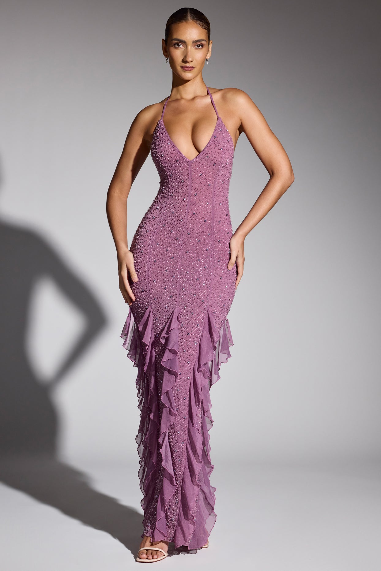 Embellished Halter Neck Ruffle Maxi Dress in Grape - 1