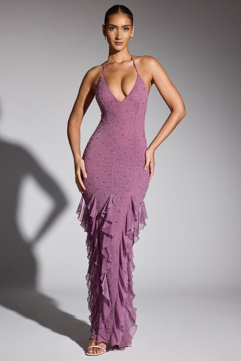 Embellished Halter Neck Ruffle Maxi Dress in Grape - 1