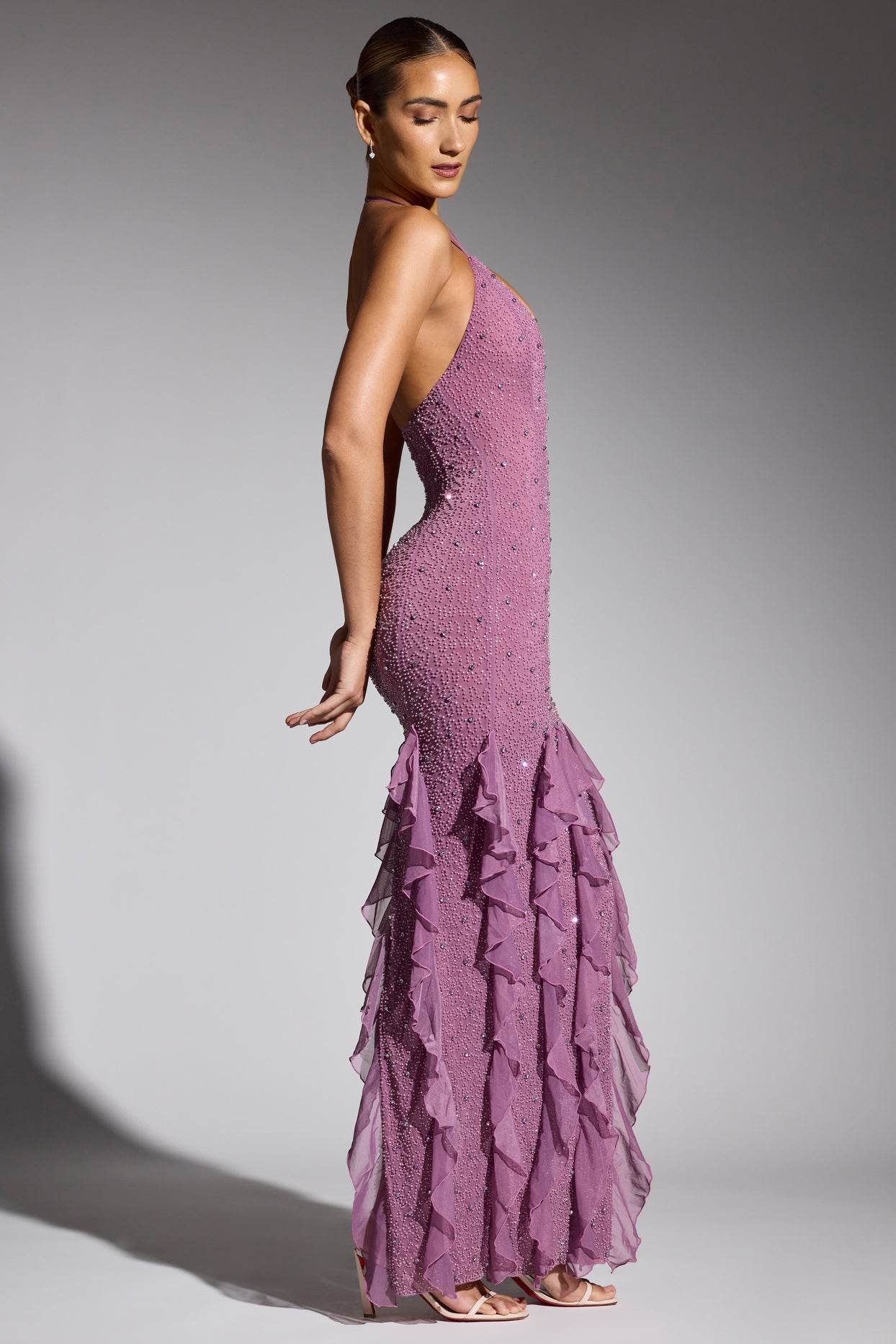 Embellished Halter Neck Ruffle Maxi Dress in Grape - 3