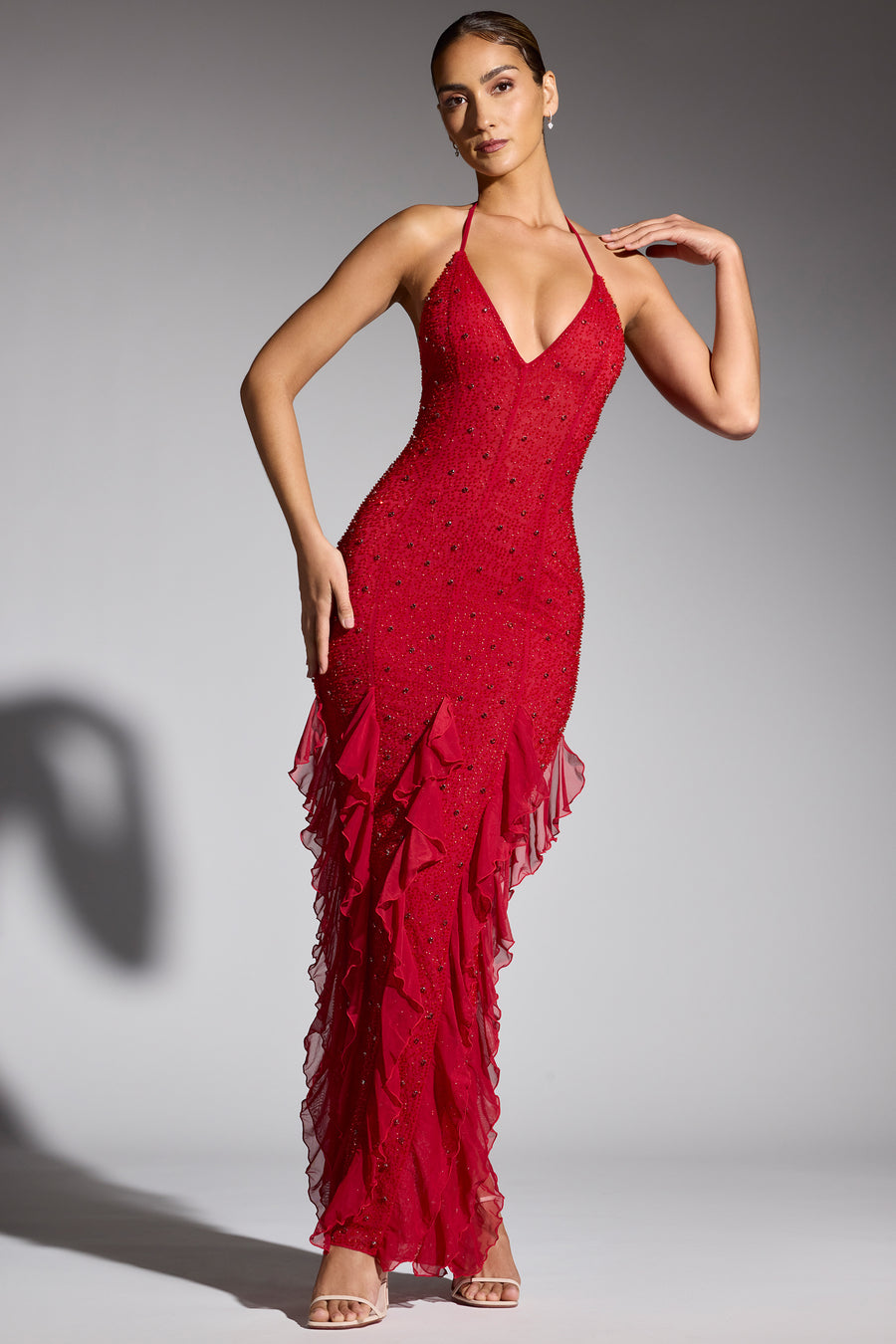 Anley Embellished Halter Neck Ruffle Maxi Dress in Red