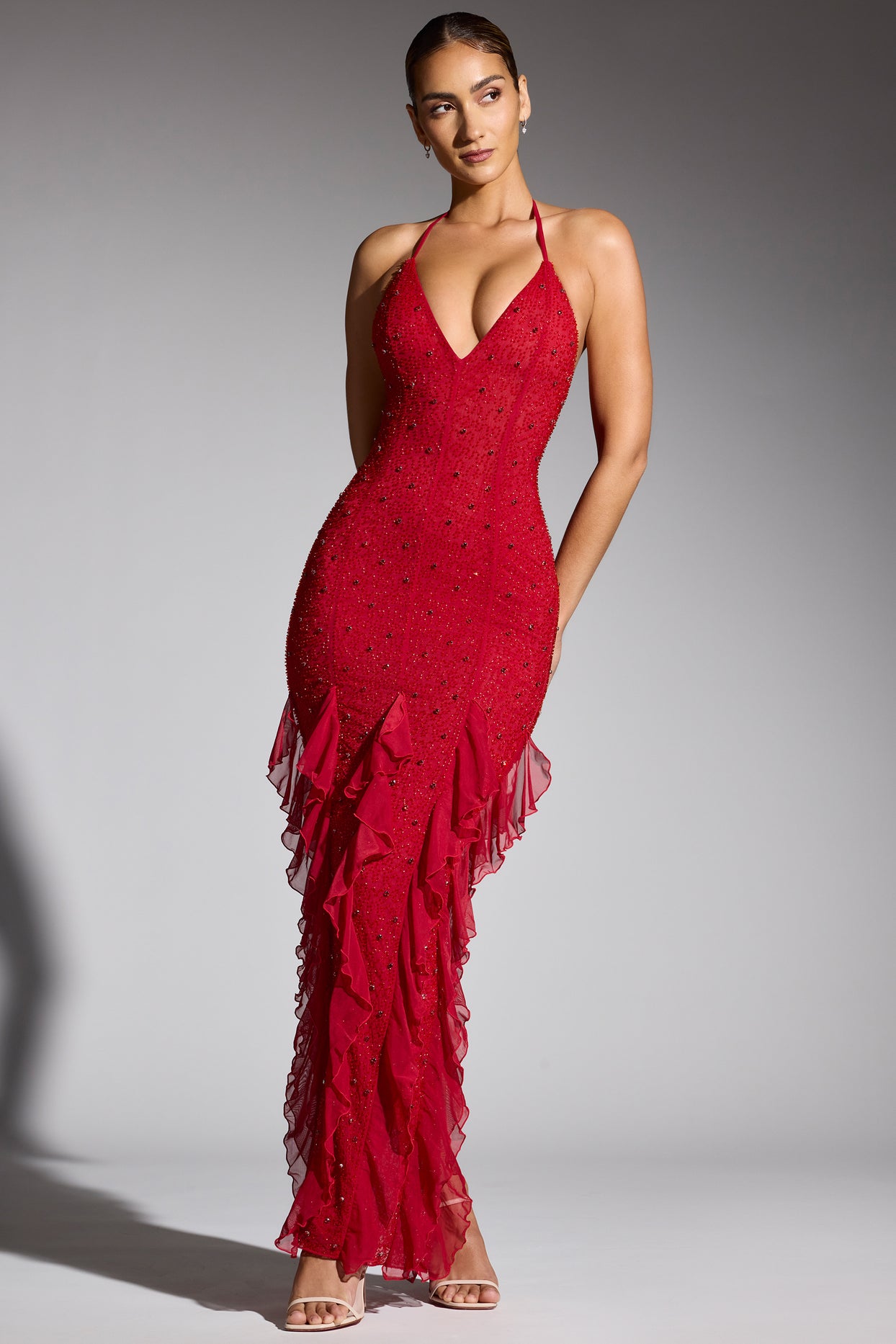 Anley Embellished Halter Neck Ruffle Maxi Dress in Red | Oh Polly