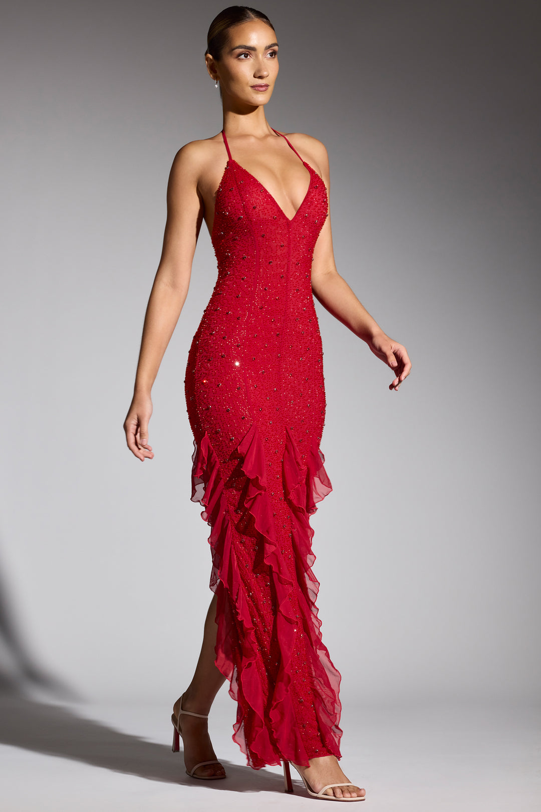 Anuj Halter Neck Bodycon Ruffle Maxi Dress In Red Anuj Halter Neck Bodycon Ruffle Maxi Dress In Red