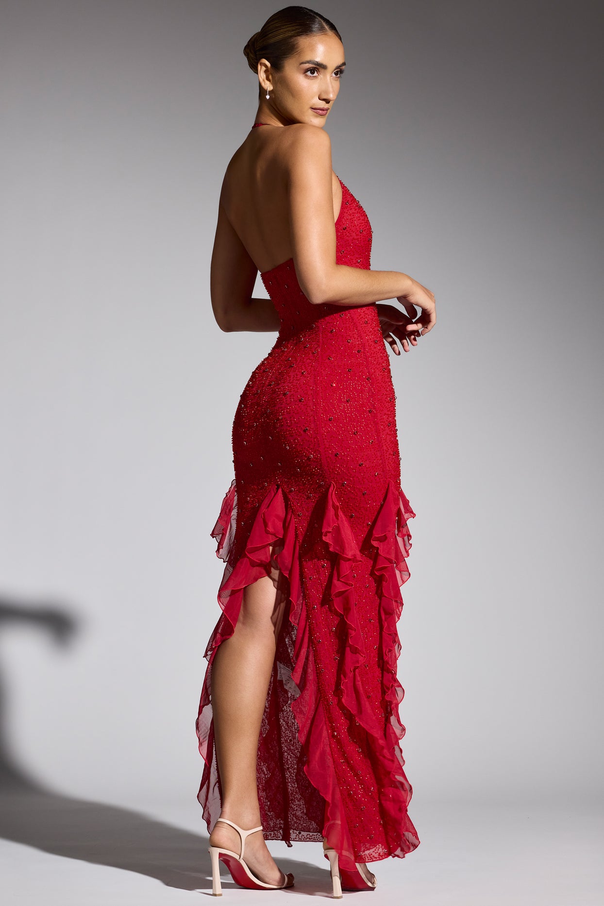 Embellished Halter Neck Ruffle Maxi Dress in Red