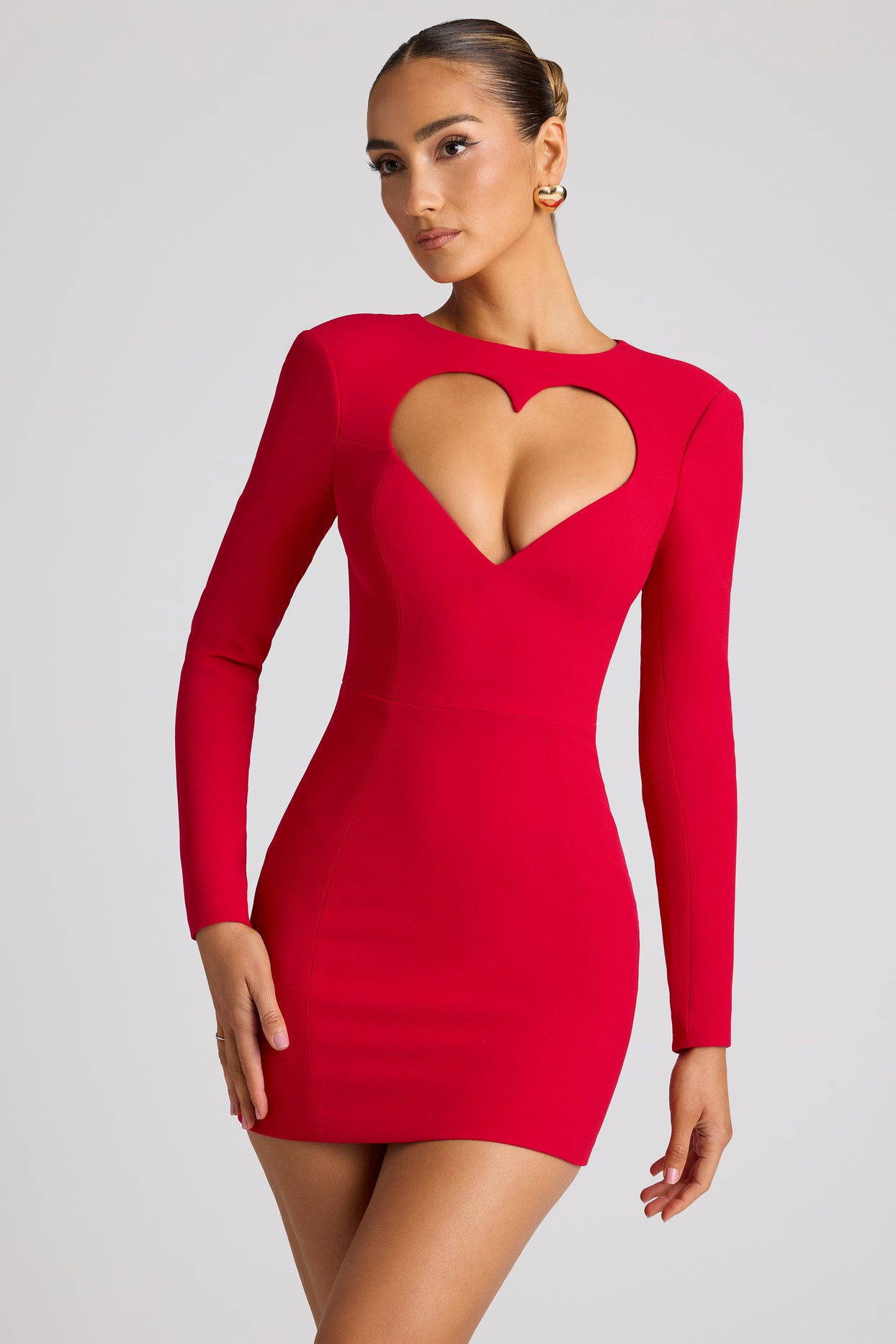 Heart Cut Out Long Sleeve Mini Dress in Fire Red