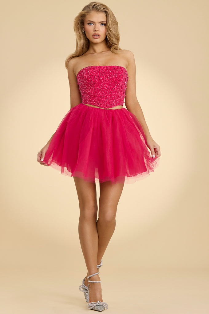 Mini-jupe en tulle taille haute en rose vif