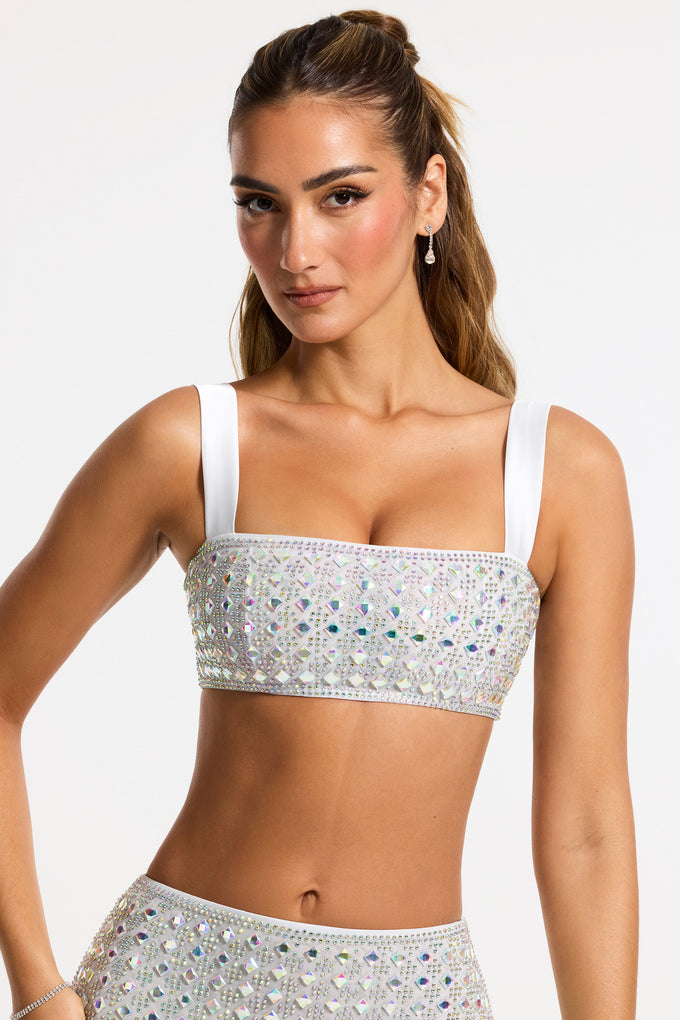 Embellished Square Neck Crop Top in Silver