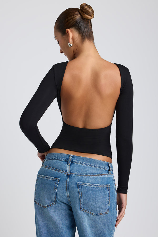 Modal High Neck Long Sleeve Open Back Top in Black - 1