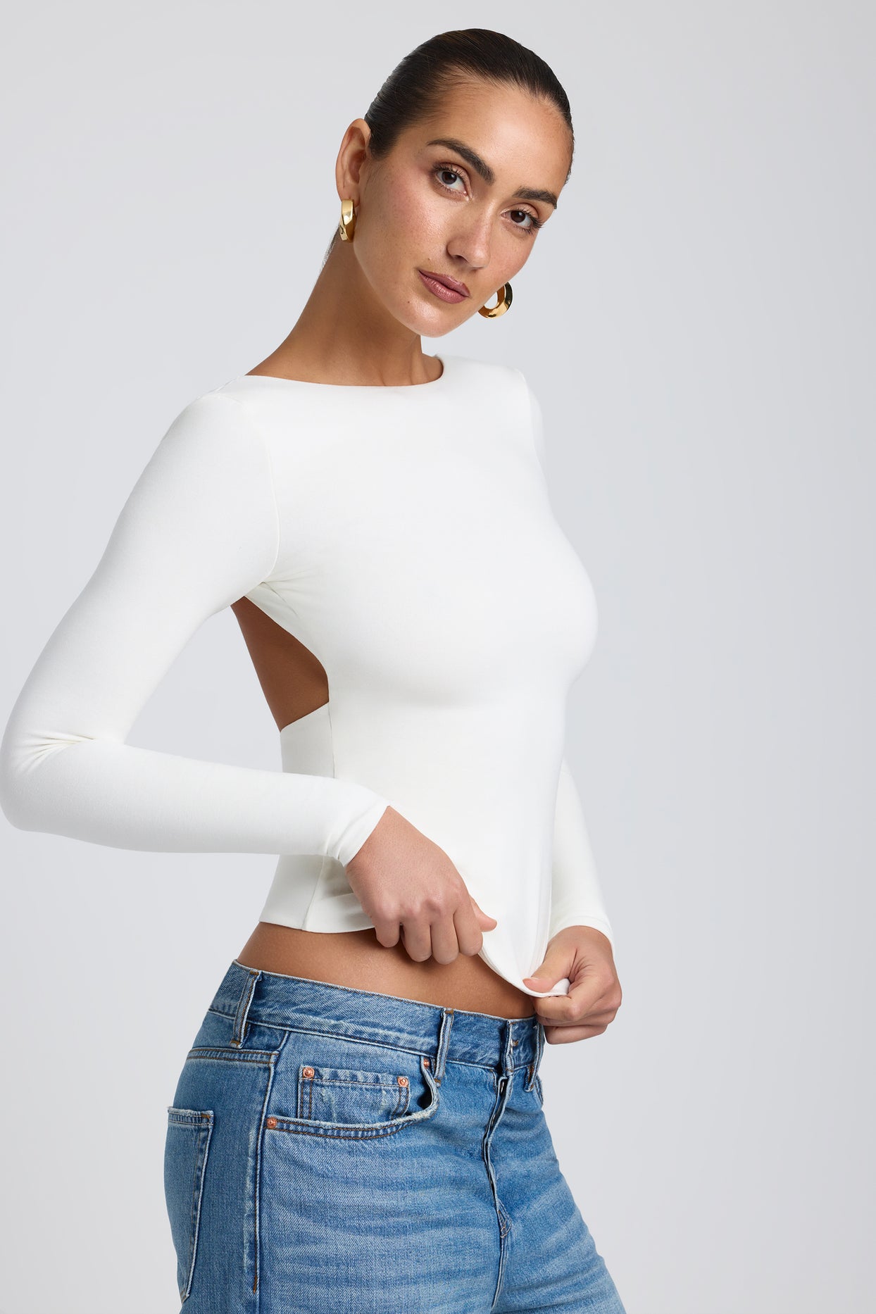 Elli Modal High Neck Long Sleeve Open Back Top In White Oh Polly elli-modal-high-neck-long-sleeve-open-back-top-in-white-oh-polly
