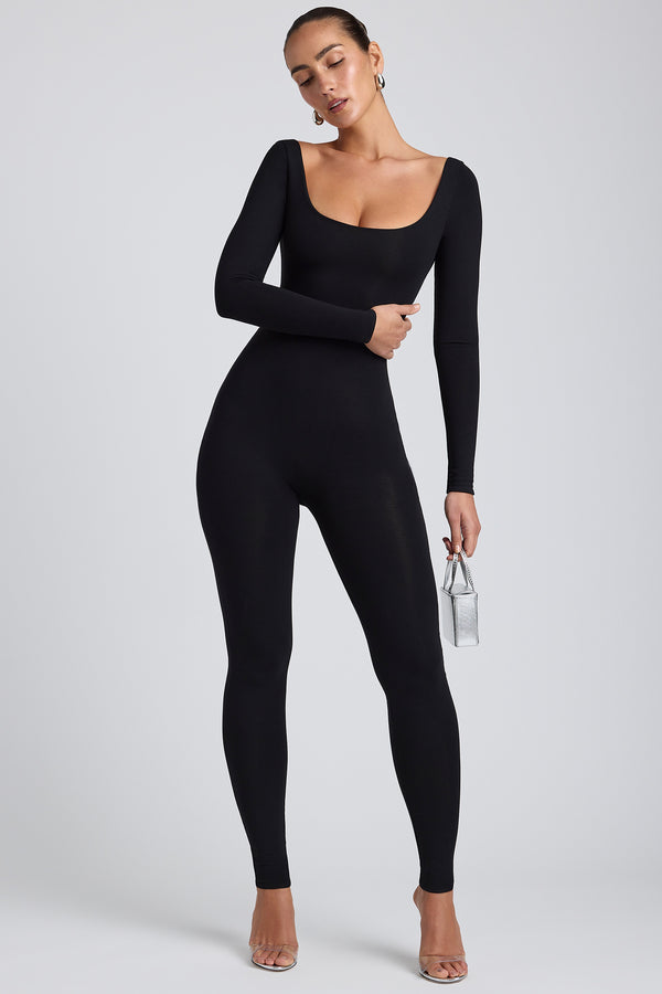 Modal Petite Scoop-Neck Cross-Back Jumpsuit in Black - 1