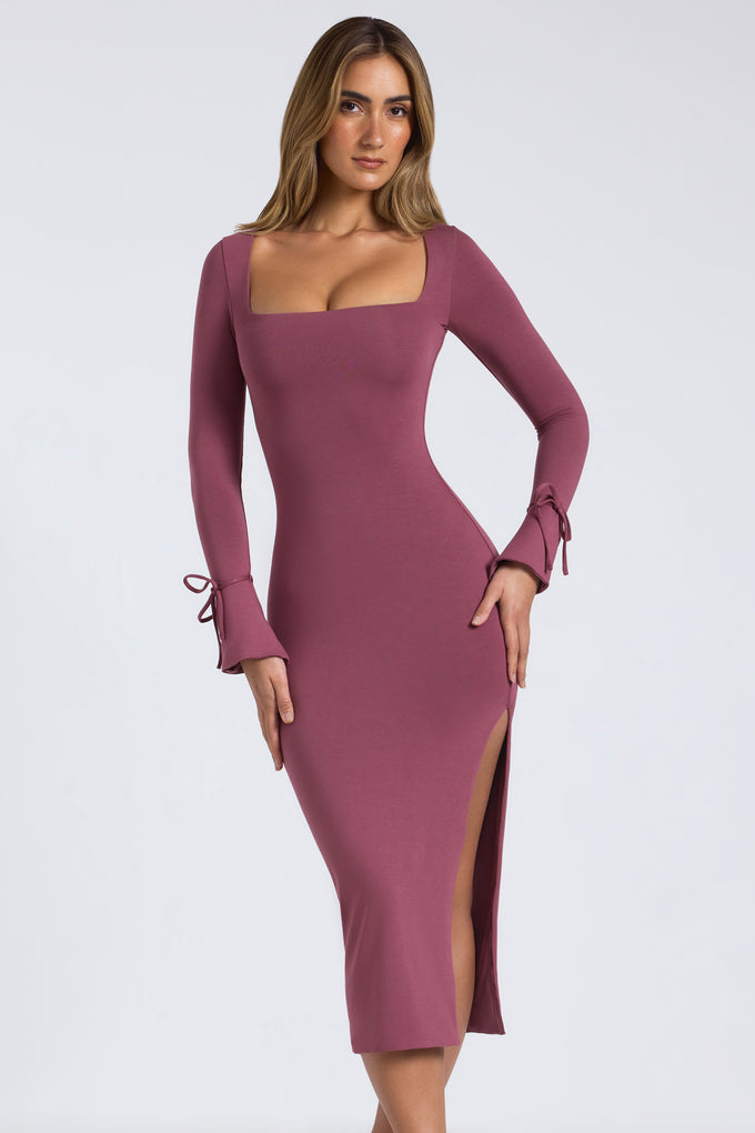 Modal Square Neck Long Sleeve Midaxi Dress in Plum