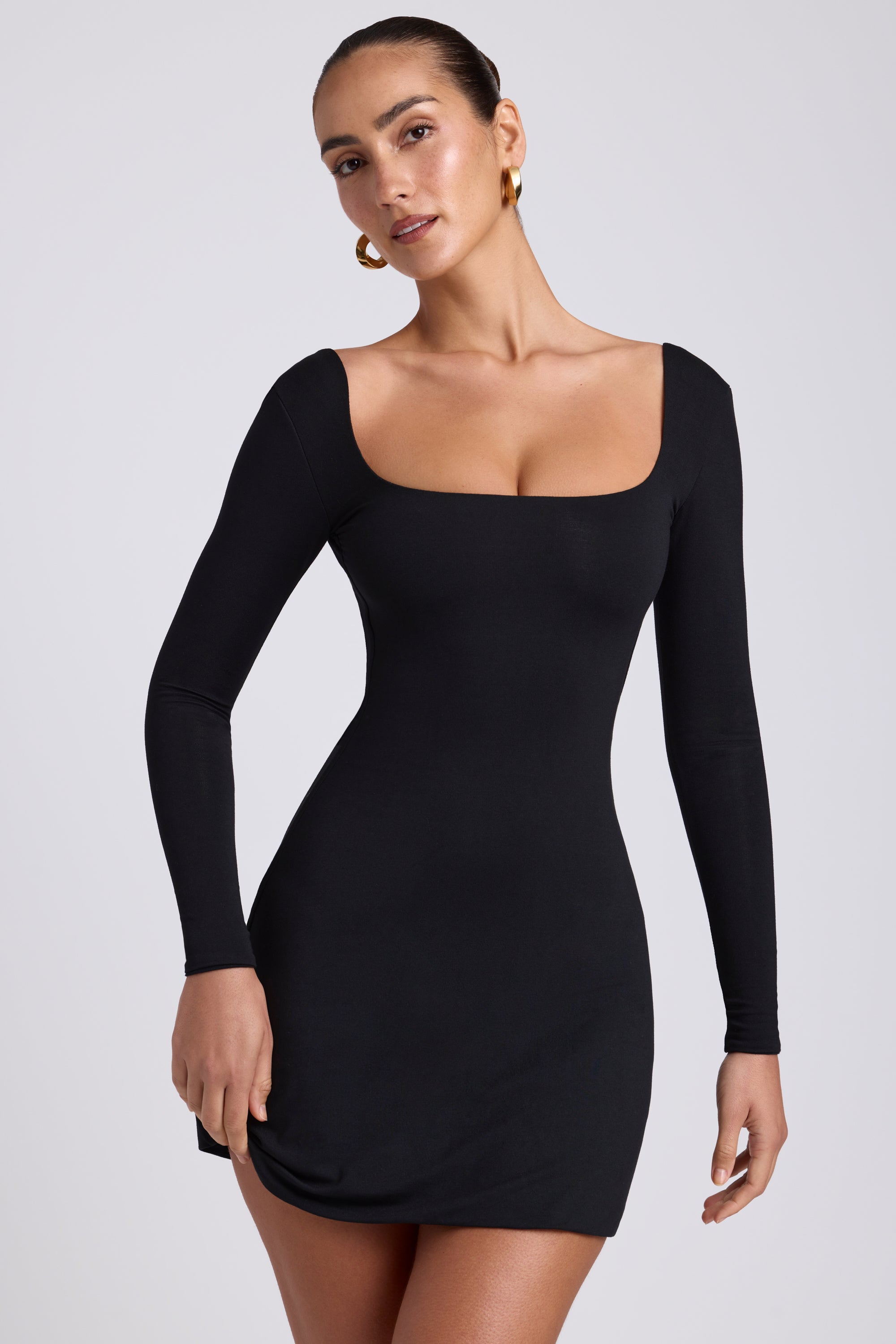 Hope Modal Square Neck Long Sleeve Mini Dress in Black | Oh Polly