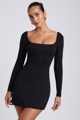 Modal Square Neck Long Sleeve Mini Dress in Black