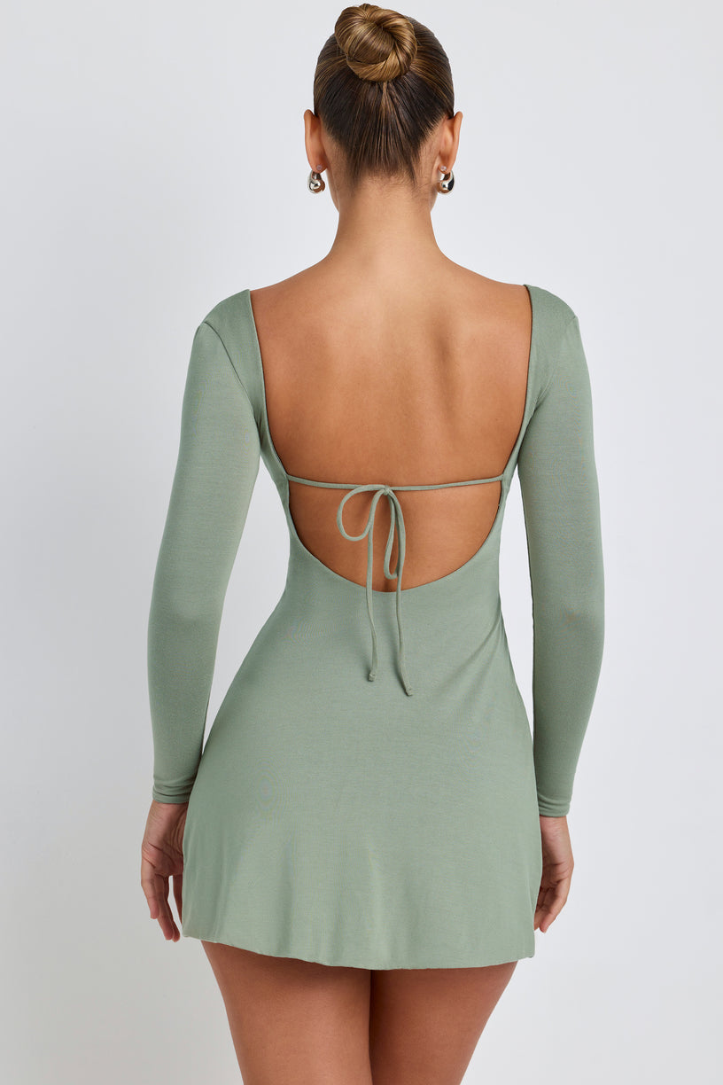 Modal Square Neck Long Sleeve Mini Dress in Sage Green - 2