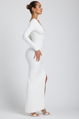 Modal Plunge Neck Long Sleeve Maxi Dress in White