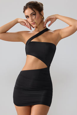 Slinky Jersey Ruched Cut Out Mini Dress in Black