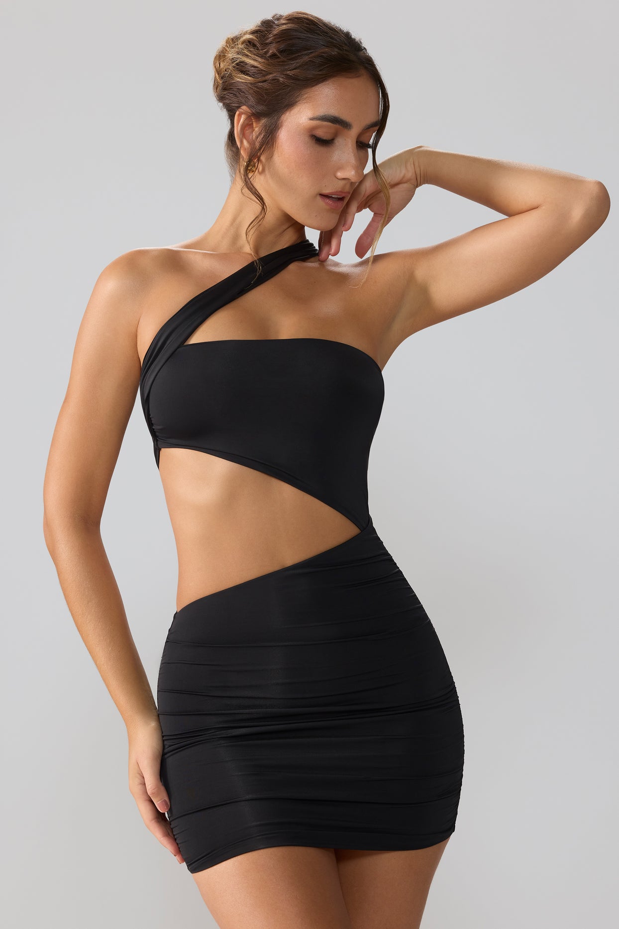 Slinky Jersey Ruched Cut Out Mini Dress in Black