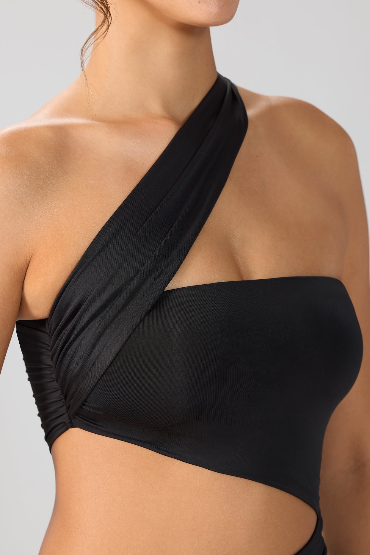 Slinky Jersey Ruched Cut Out Mini Dress in Black