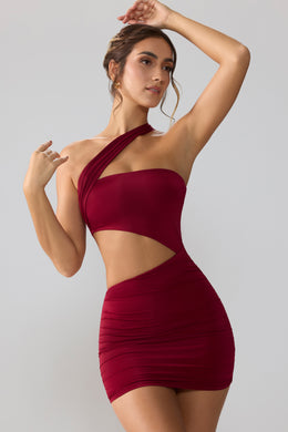 Slinky Jersey Ruched Cut Out Mini Dress in Ruby